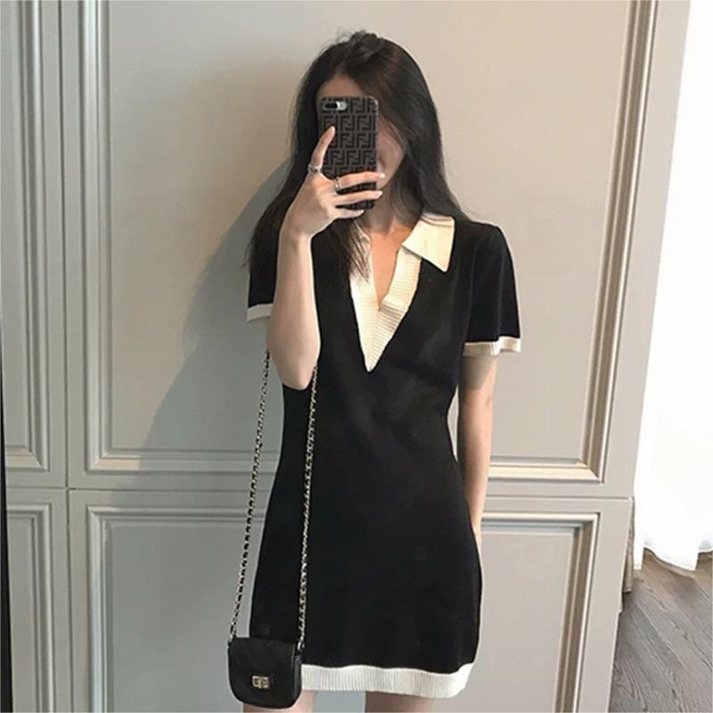 polo領冰絲針織連衣裙女夏季新款修身顯瘦v領短袖包臀短裙子