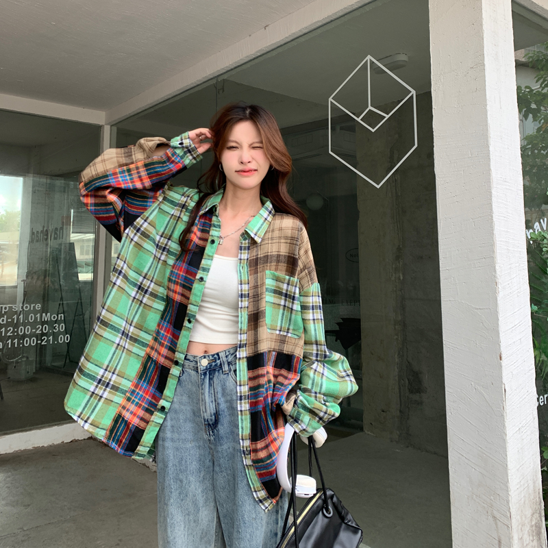 Actual shot of spring American retro splicing plaid long-sleeved shirt for women with new design style loose casual jacket