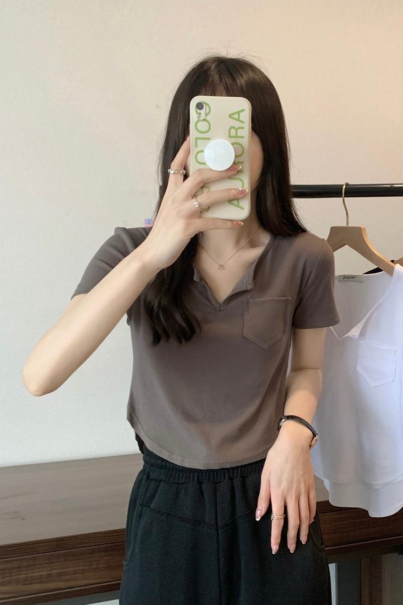 官圖 6535拉架棉 美式復古v領短袖女t恤夏季短款辣妹顯瘦