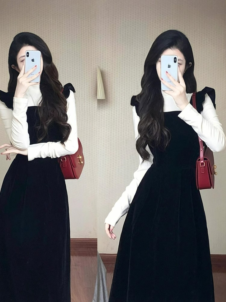 Fungus edge suspender dress for women autumn and winter 2024 new French retro waist slimming mid-length large hem skirt