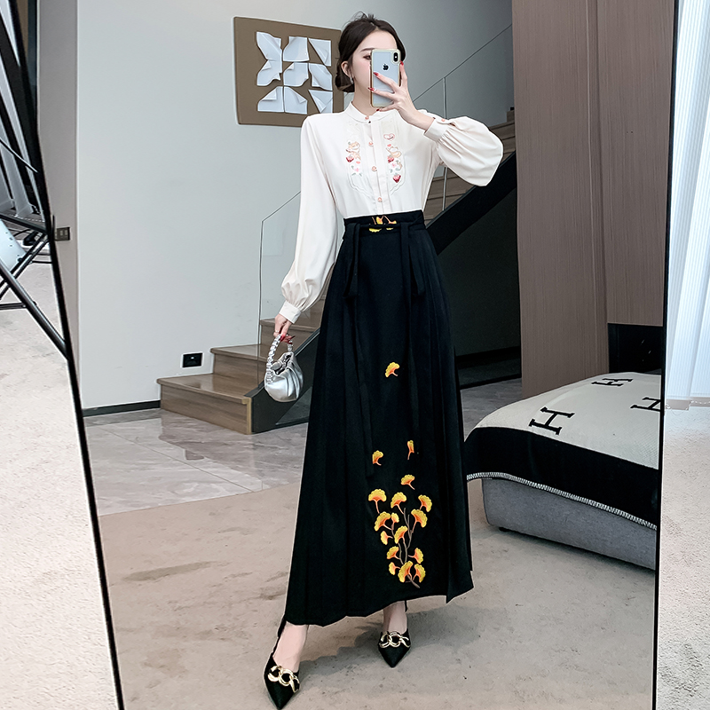 實拍 國風漢服漢元素刺繡長袖襯衣+繡花馬面裙兩件套裝裙春夏秋冬