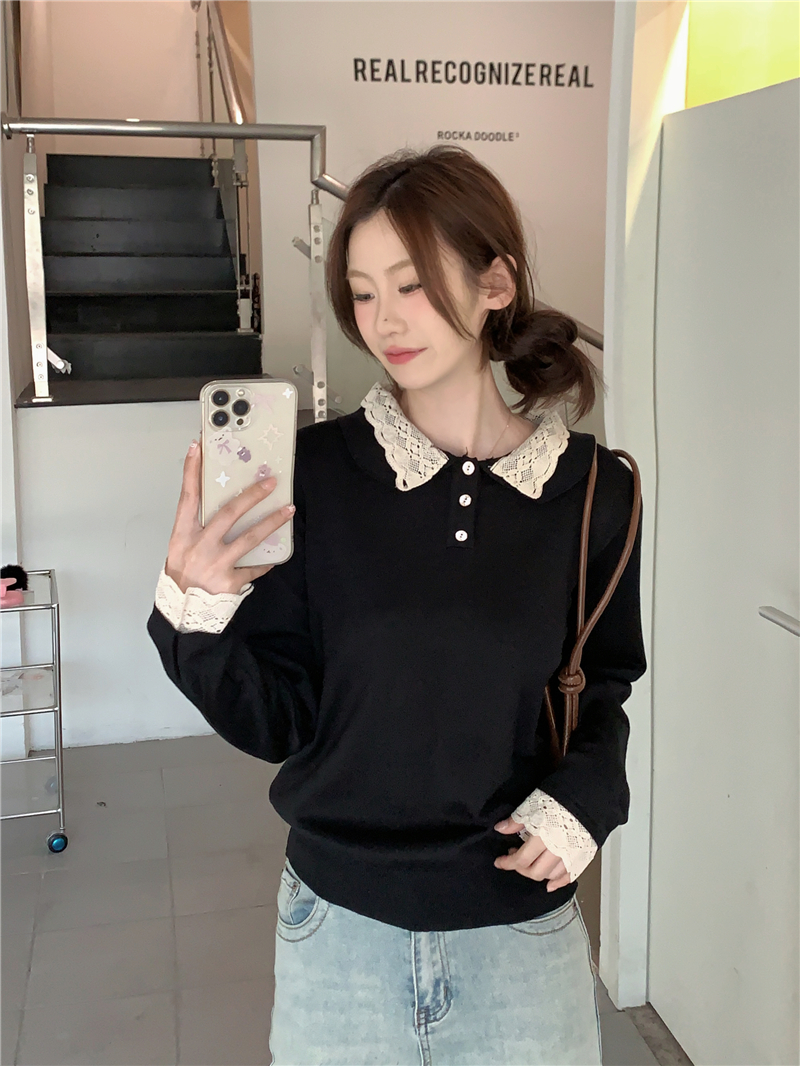 Actual shot of spring Korean style fashionable lace doll collar half-cut long-sleeved top for women