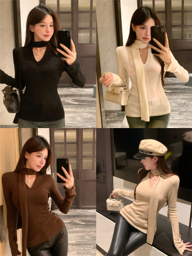 Actual shot ~ Wool slim-fitting bottoming top for women in autumn and winter old money style ribbon design knitted sweater