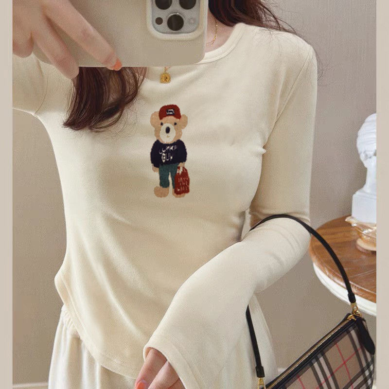 U-shaped hem, German velvet bottoming shirt for women, autumn and winter slim-fitting layered inner wear, slim short top, long-sleeved T-shirt