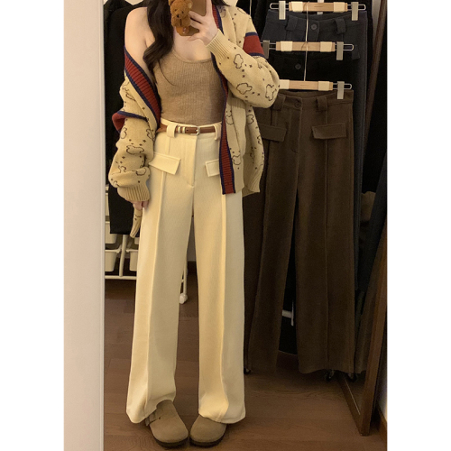 Actual shot of 2024 new wide-leg pants casual pants for women, chic pocket drape, high waist, slimming, loose suit trousers