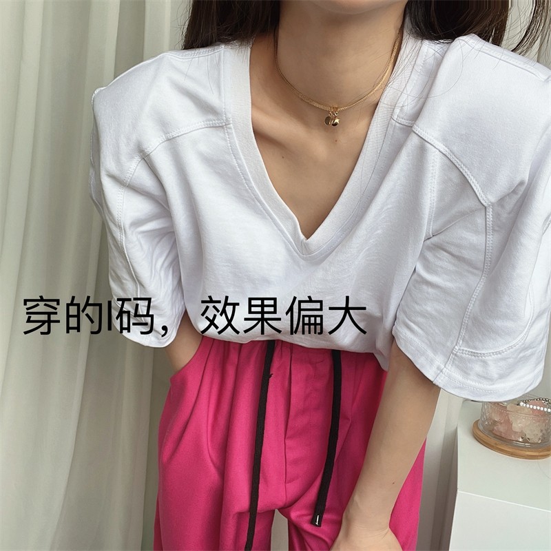 Official picture 6535 stretch cotton Korean new style personalized large shoulder pad T-shirt half-sleeve vertical cutting design new style