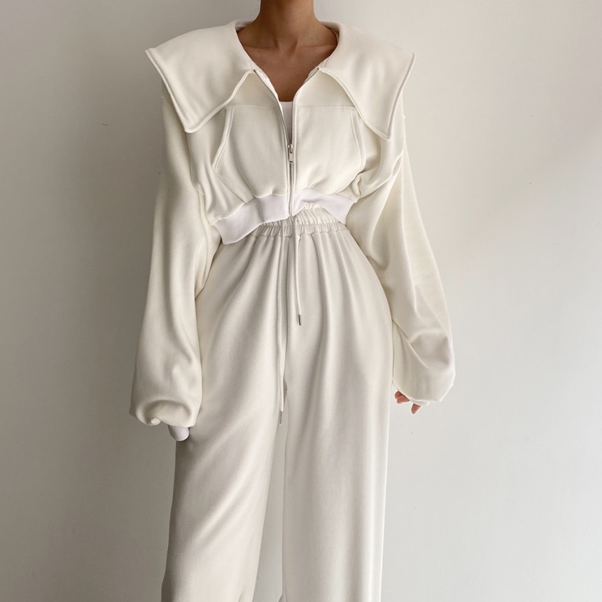 Korean Dongdaemun spring lapel zipper sweatshirt and sweatpants suit