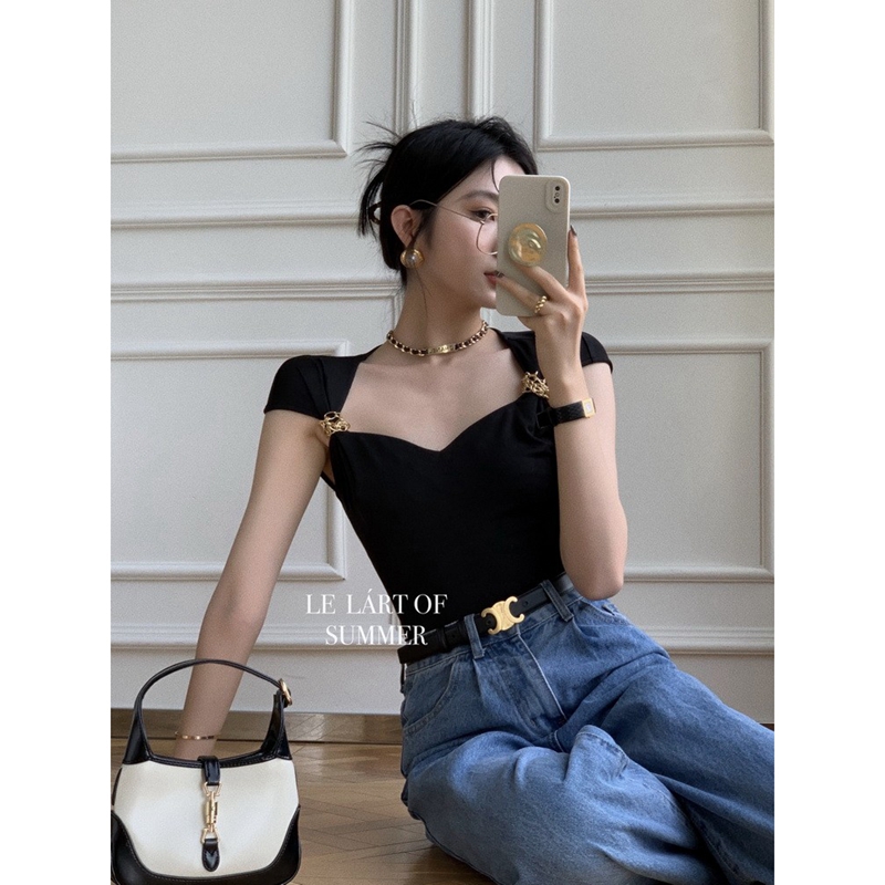 Official picture 220g 6535 stretch cotton design French temperament slim solid color chain fashion base