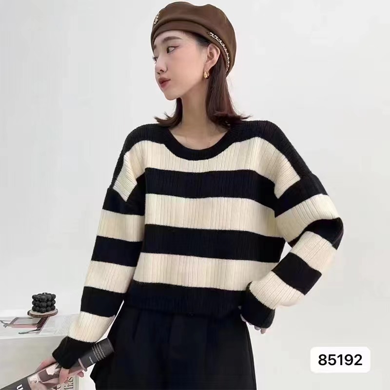 韓版秋冬新款女裝復古條紋針織套頭毛衣潮ins軟糯寬鬆上衣