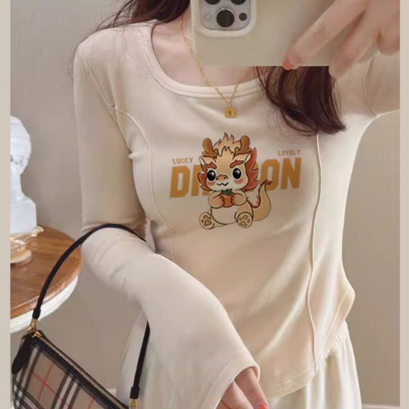 U-shaped hem, German velvet bottoming shirt for women, autumn and winter slim-fitting layered inner wear, slim short top, long-sleeved T-shirt