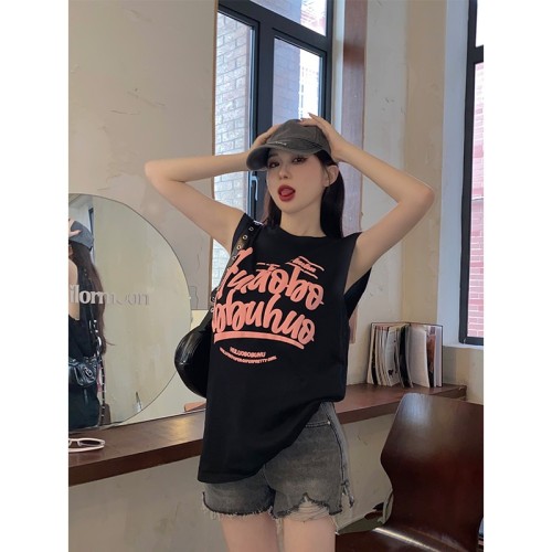 Official picture 6535 stretch cotton sweet cool loose sleeveless vest T-shirt women's summer American style lower body missing