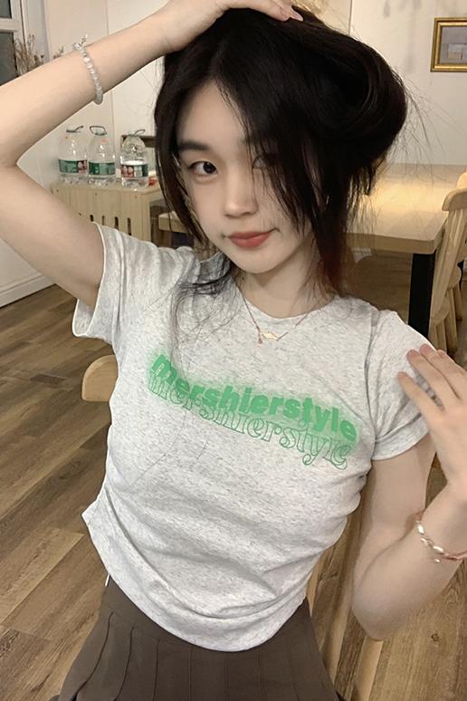Jin Liang official picture 6535 stretch cotton American hot girl gray short T-shirt women's summer new letter printing