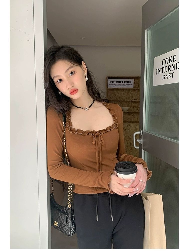 Fungus-edged square-neck long-sleeved T-shirt for women in autumn waist slim-fitting short bottoming shirt pure lust green top