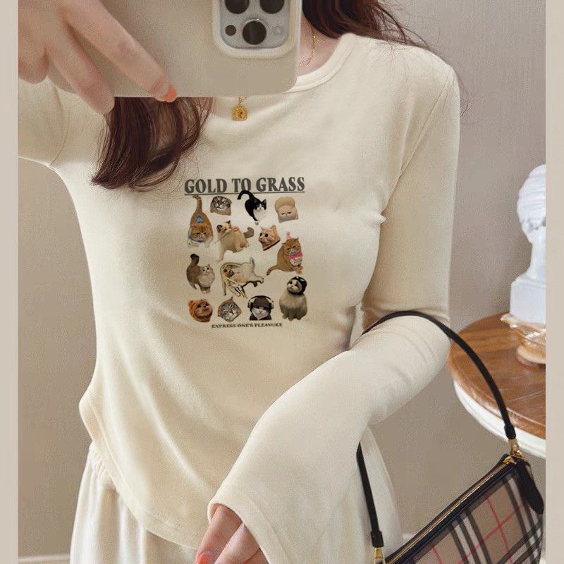 U-shaped hem, German velvet bottoming shirt for women, autumn and winter slim-fitting layered inner wear, slim short top, long-sleeved T-shirt