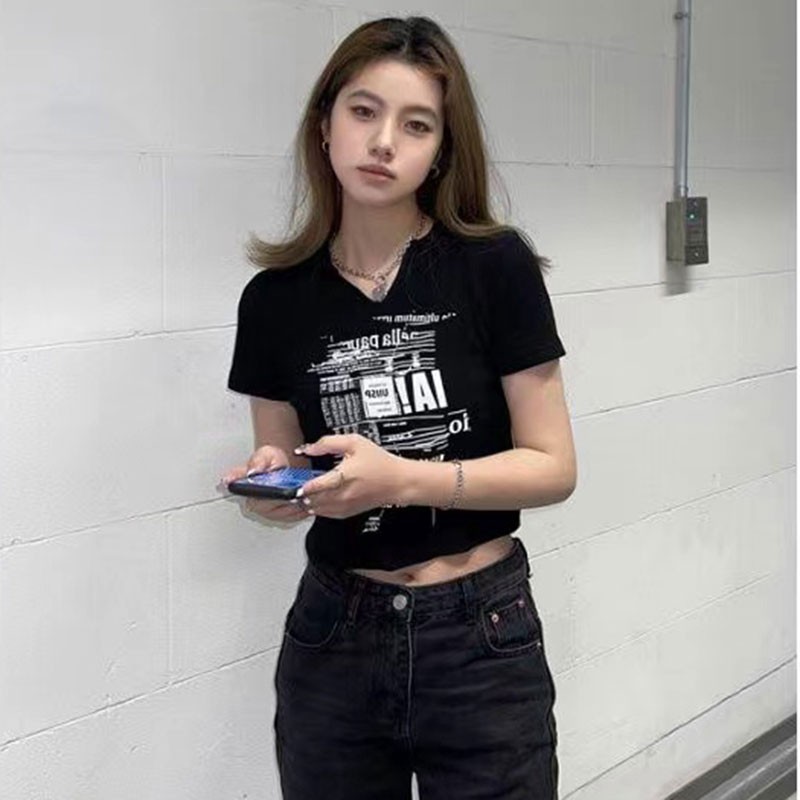 Official picture 90 polyester fiber 10 spandex imitation cotton rib summer short printed T-shirt for women Korean version