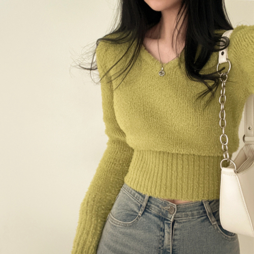 Korean chic versatile V-neck soft waxy imitation mink elastic bottoming sweater long-sleeved knitted top for women