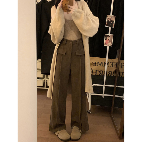 Actual shot of 2024 new wide-leg pants casual pants for women, chic pocket drape, high waist, slimming, loose suit trousers