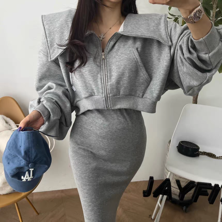 South Korea Dongdaemun spring lapel zipper sweatshirt + skirt suit