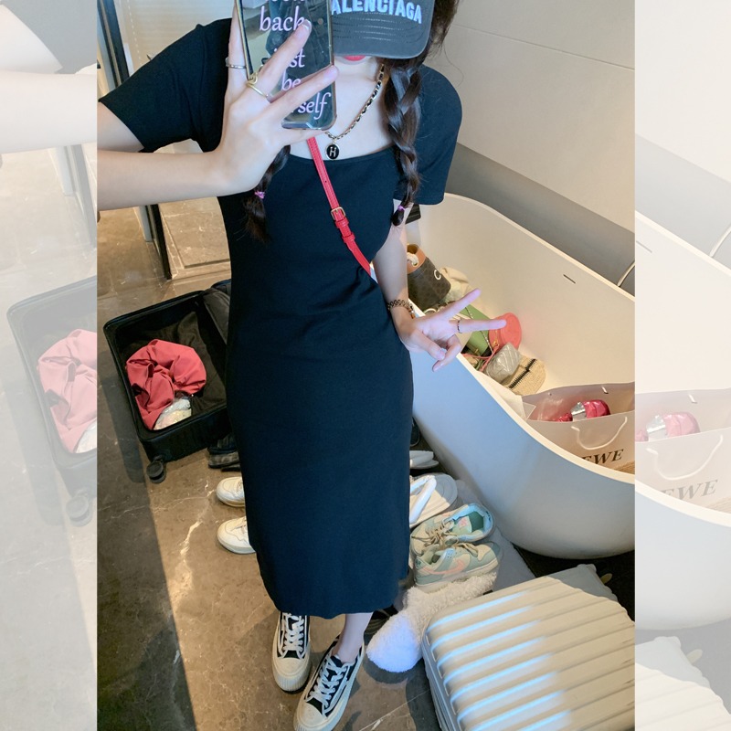 夏季連衣裙女溫柔系穿搭超好看別致修身小眾設計感開叉長裙
