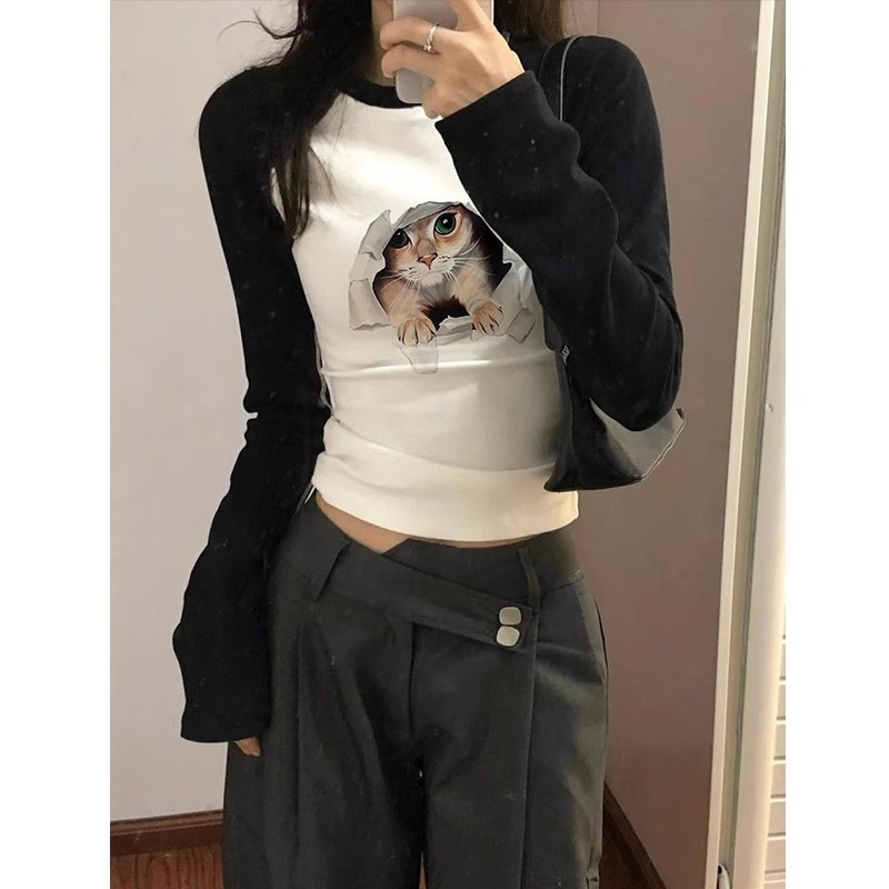 American street black and white splicing short T-shirt for women in autumn contrasting color slim fit top retro sweet and spicy style long sleeves