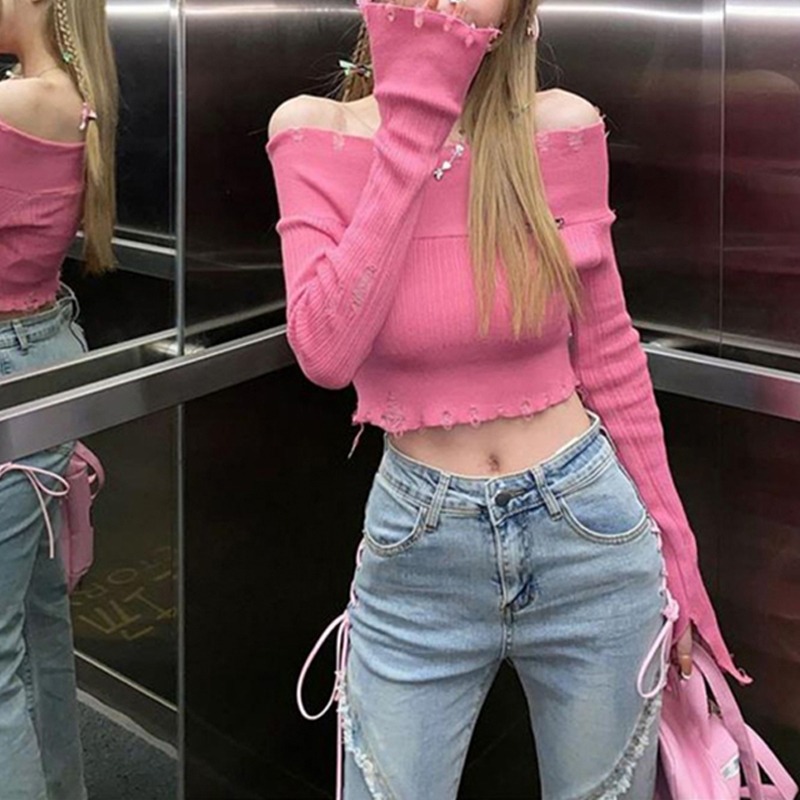 2024 new spring one-shoulder long-sleeved T-shirt for women pure desire slim bottoming sweet and spicy top short summer