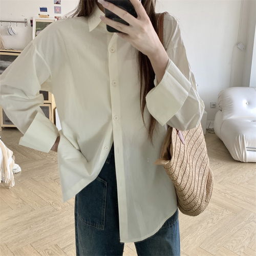 Actual shot of Korean style hiphop blue long-sleeved shirt for women in spring, loose, lazy and versatile casual shirt