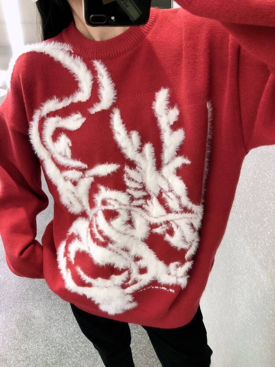 龍年新年紅色毛衣男女款秋冬季潮牌寬鬆情侶2024本命年高級感上衣