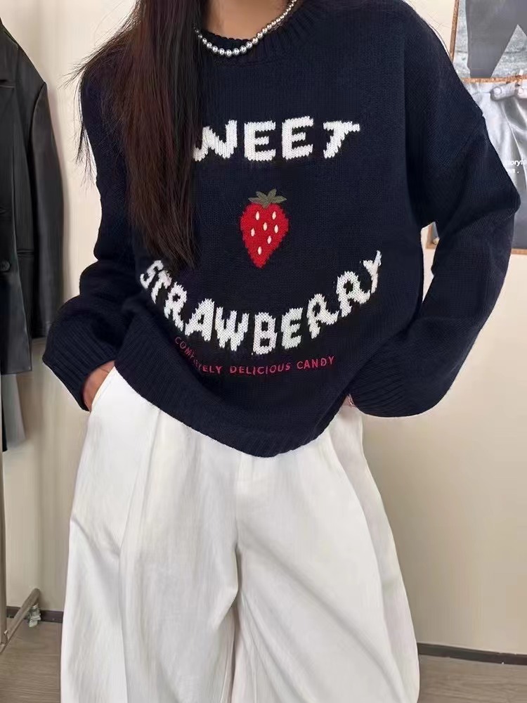 草莓提花圓領套頭毛衣女秋冬季新款寬鬆慵懶風軟糯針織衫長袖上衣