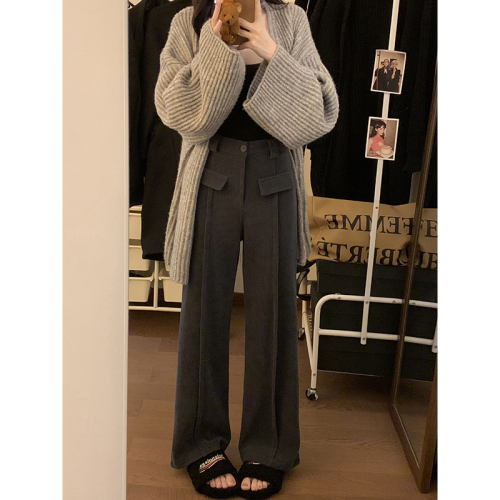 Actual shot of 2024 new wide-leg pants casual pants for women, chic pocket drape, high waist, slimming, loose suit trousers