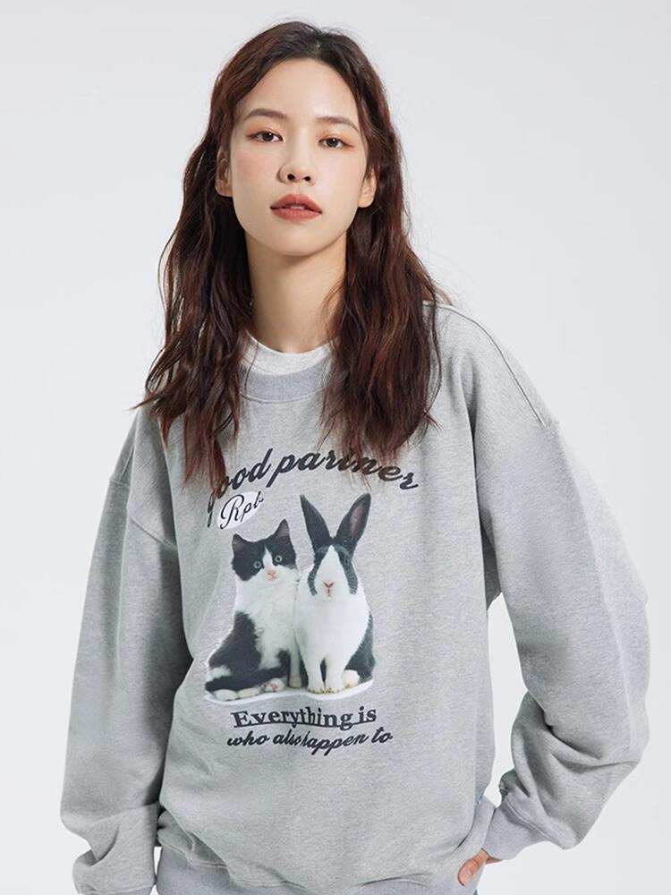 Official photo Chinese cotton composite thin 310g/plus velvet 410g autumn and winter sweatshirt for women with printed loose large size
