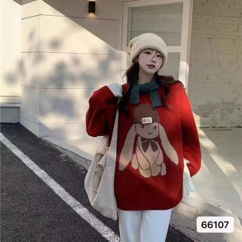 秋冬新款韓版慵懶風可愛大耳朵兔子提花寬鬆長袖上衣女