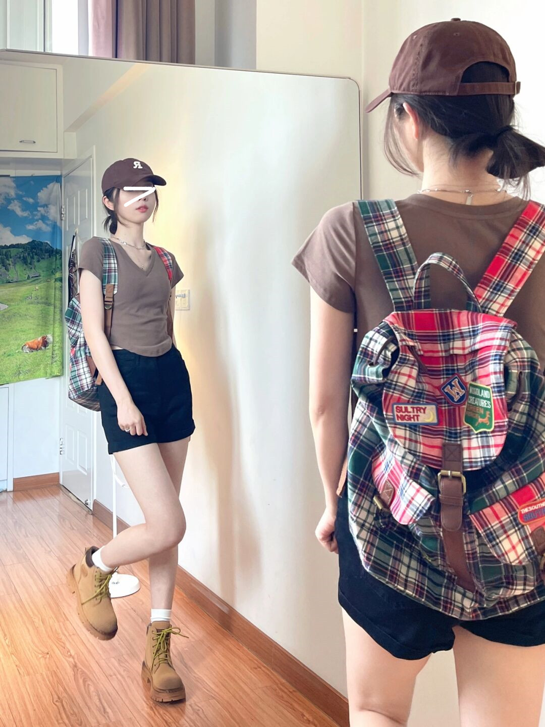 美式棕正肩短袖t恤女夏季新款小眾設計感不規則v領修身短款上衣潮