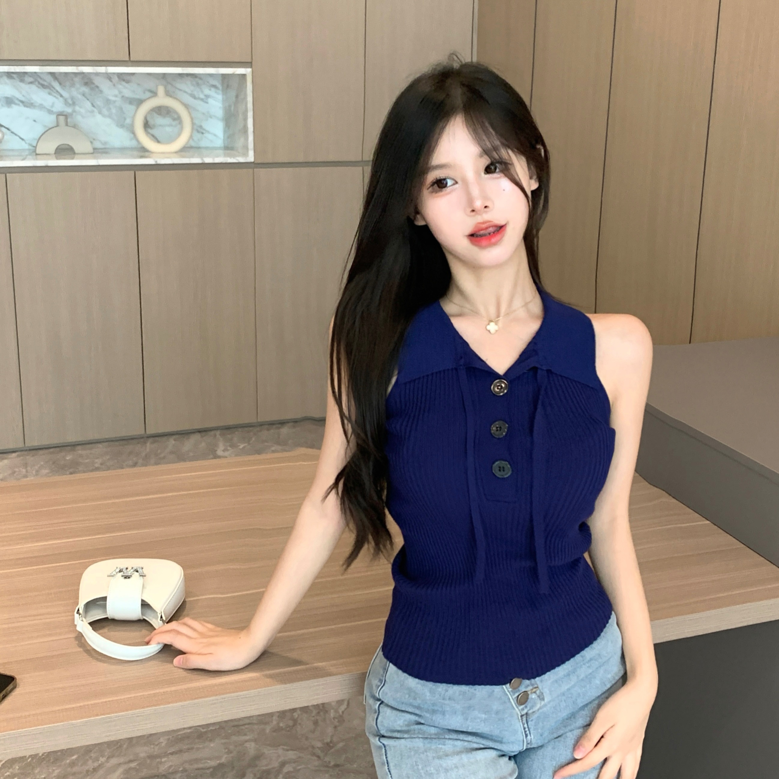 氣質百搭針織背心復古小眾無袖上衣女性感辣妹風掛脖打底衫T恤夏