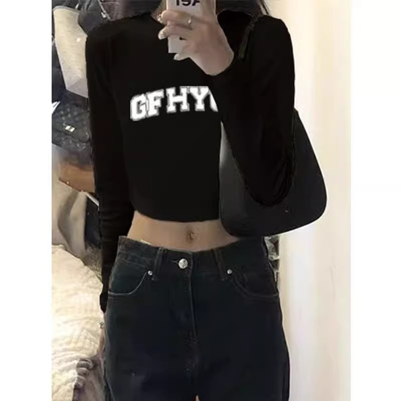 American long-sleeved slim T-shirt for women in spring and autumn new high-waist navel-baring slim inner layering shirt short top T-shirt