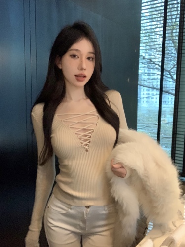 Actual shot of Pure Desire Strap Hollow Knitted Sweater Sexy Royal Sister Style Bottoming Top