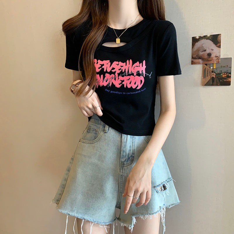 官圖 6535拉架棉 女裝黑色正肩t恤短袖女夏季設計感小眾短款