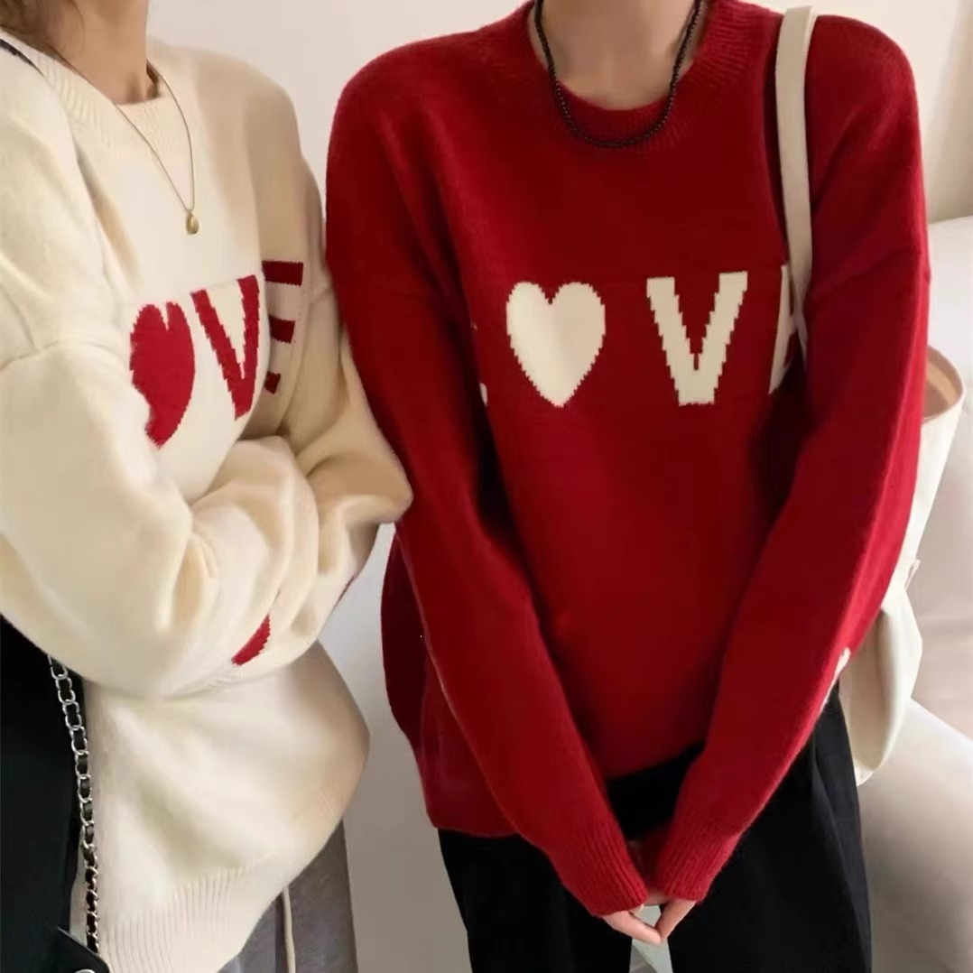 韓版愛心刺繡圓領套頭外穿毛衣女秋冬新款寬鬆長袖百搭針織衫上衣