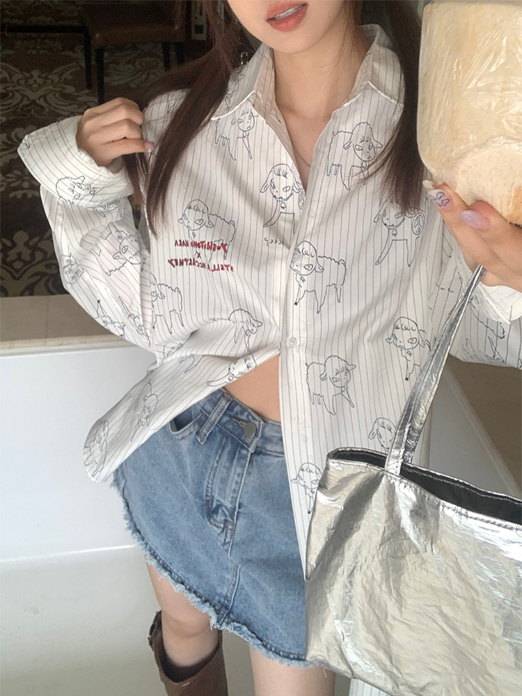 Shirt New Year's Cartoon Embroidery Chic Top Small Striped White Shirt Design Niche Women