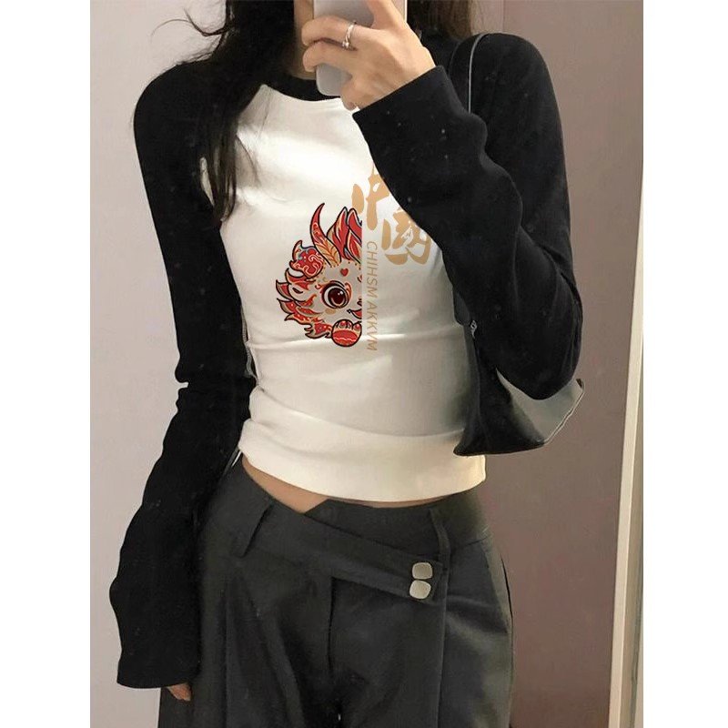 National fashion versatile slim long-sleeved tops for women autumn and winter black and white contrasting color bottoming shirts casual loose niche student T-shirts