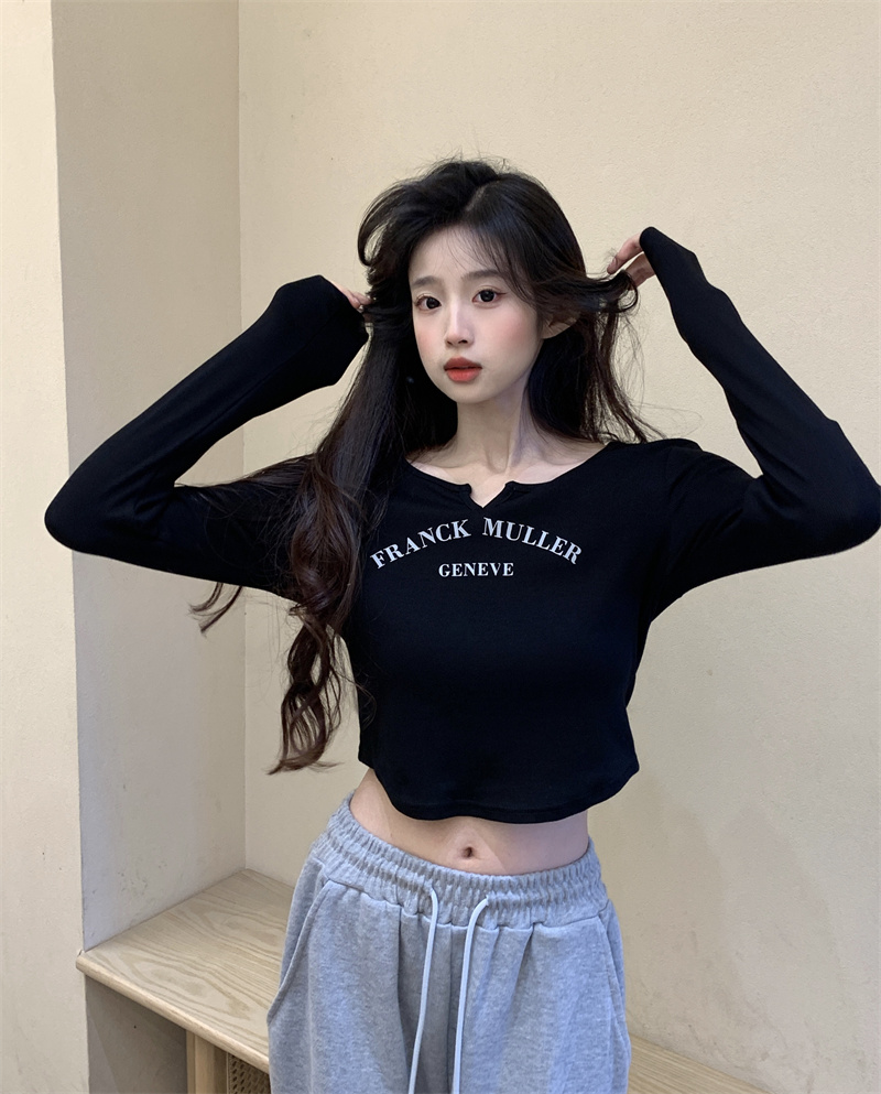 Real shot of American retro long-sleeved T-shirt for women 2024 new ins trendy tight lettering slim short top