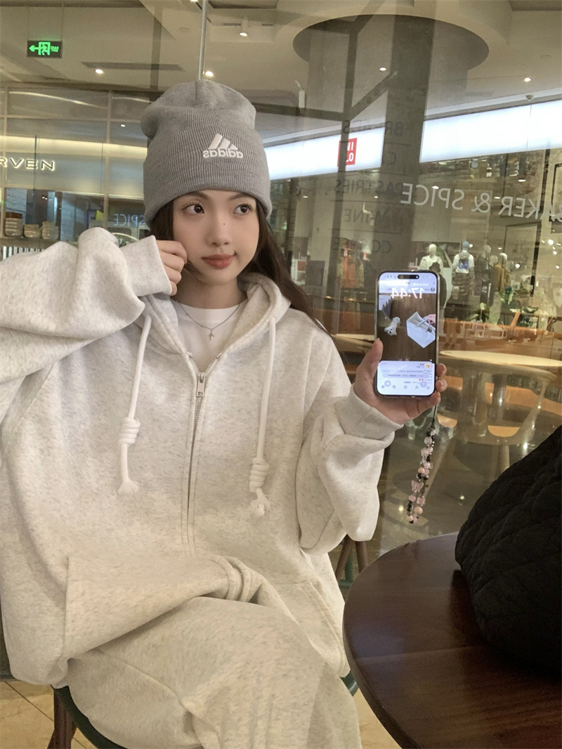 Real shot casual suit loose velvet thickened hooded sweatshirt jacket autumn and winter drawstring sweatpants two-piece set