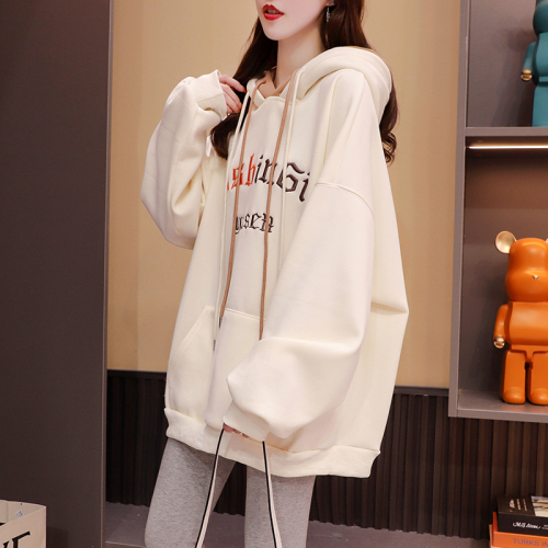 6535 Fish Scale Autumn and Winter hooded patchwork design letter embroidery thin sweatshirt for women