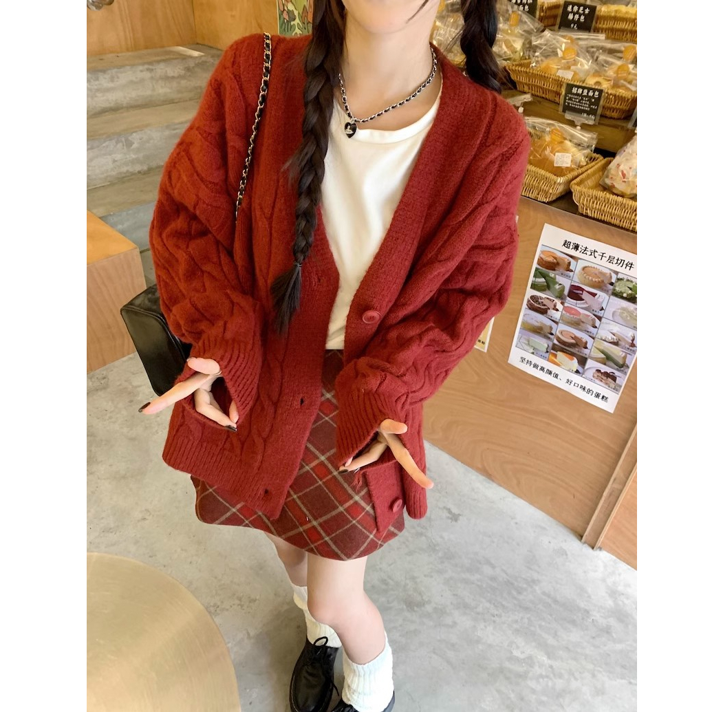 Red Twist V-neck Knitted Sweater Jacket Women's Winter Loose Casual Versatile Cardigan Top