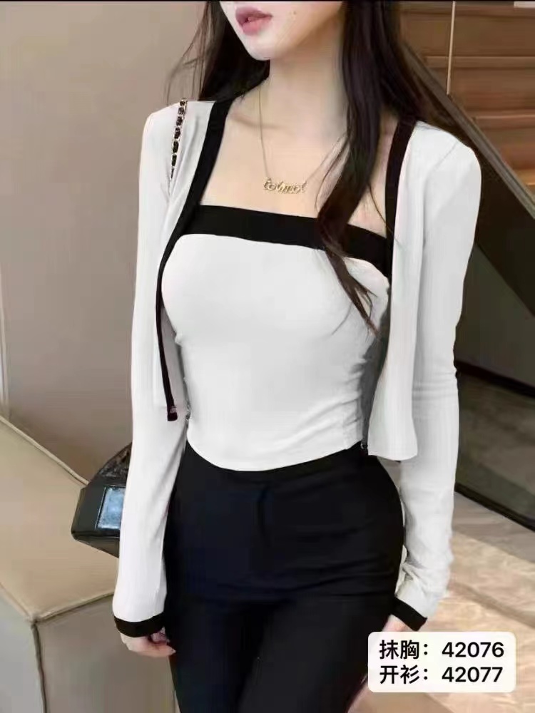 秋冬新款性感辣妹拼色抹胸+長袖開衫套裝兩件套