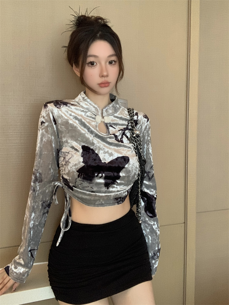 Real shot 2024 early spring new Chinese style plate button printed velvet long-sleeved T-shirt long-sleeved drawstring slim top