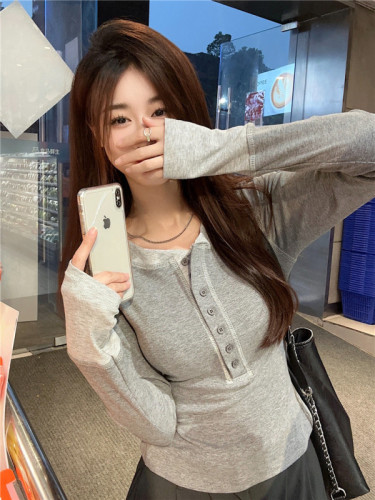 Real shot~Spring style~Contrast color knitted T-shirt new style long-sleeved inner layering shirt slim round neck top