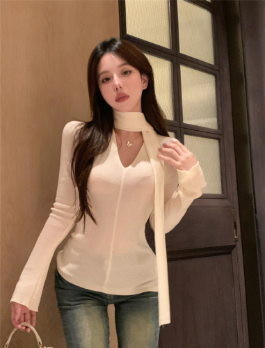 Actual shot ~ Wool slim-fitting bottoming top for women in autumn and winter old money style ribbon design knitted sweater