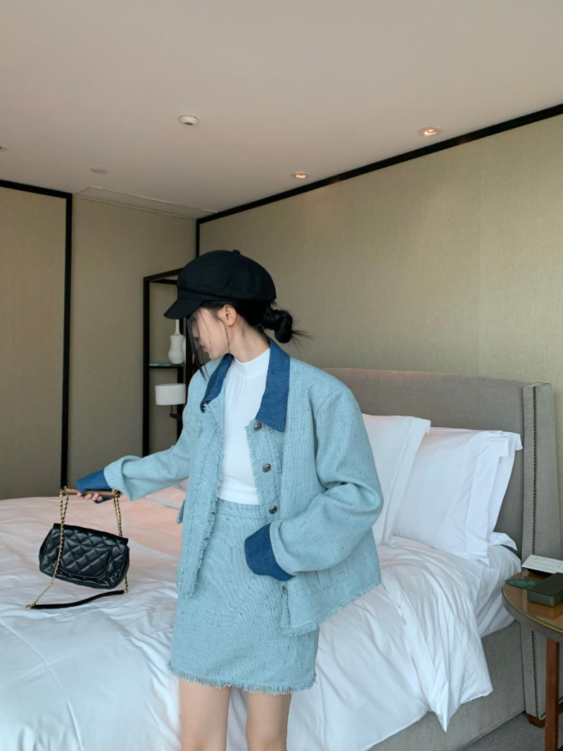 實拍設計感撞色小香風外套套裝