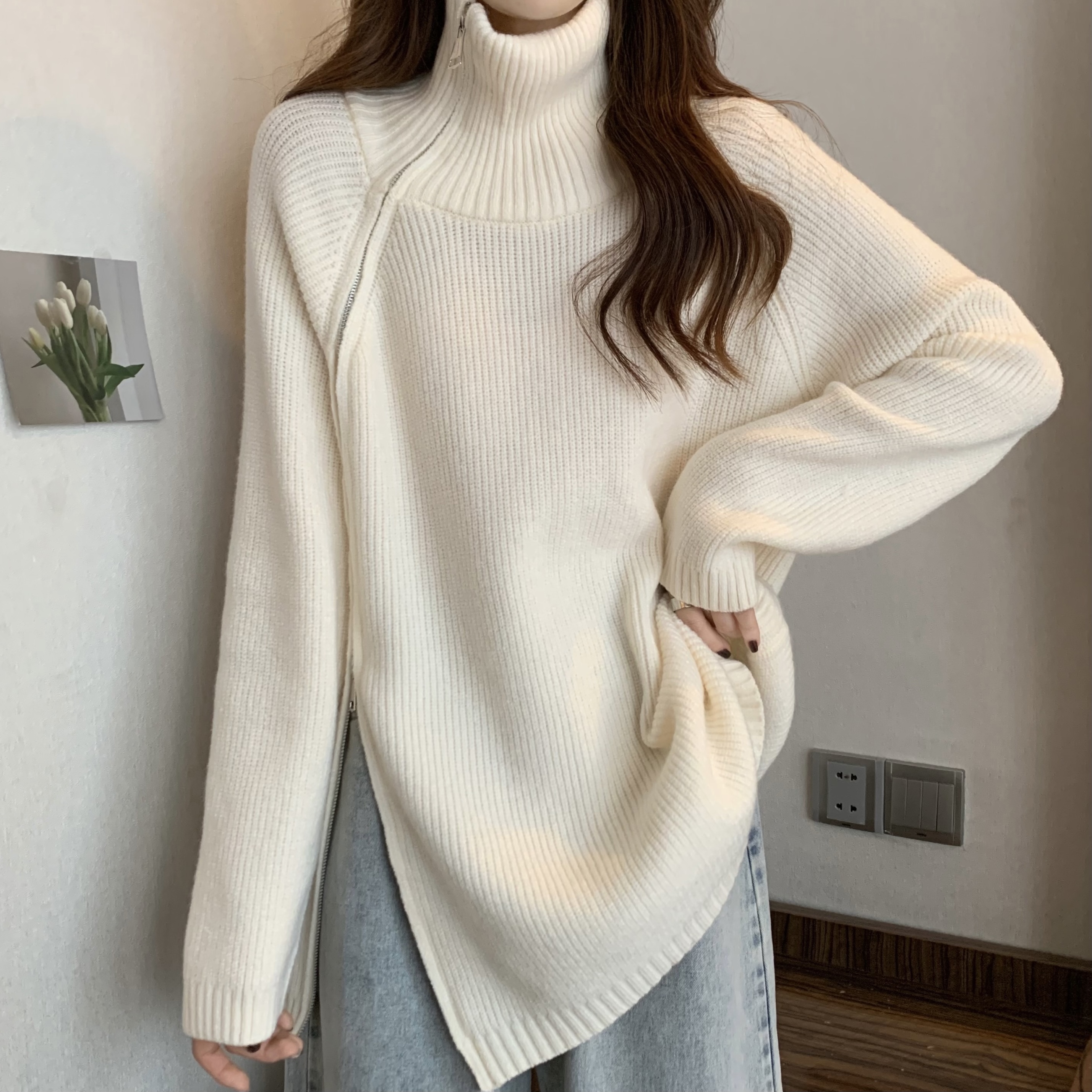 慵懶風寬鬆拉鏈高領毛衣女秋冬中長款加厚長袖打底針織衫上衣