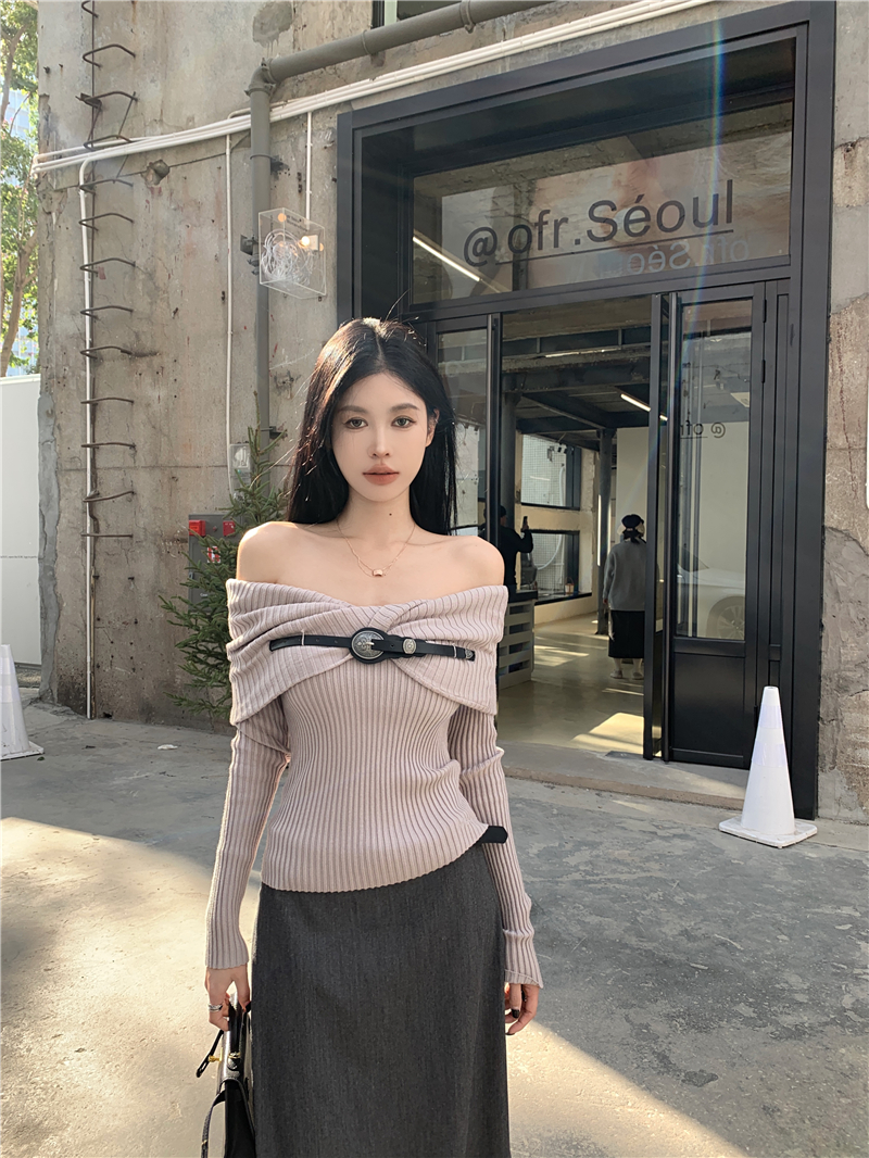 實拍  美式復古一字肩長袖毛衣針織衫女新款辣妹上衣